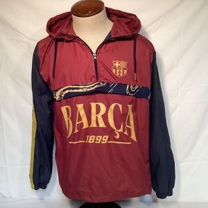 FC Barcelona Anorak Soccer Half Zip Hooded Men's Windbreaker - Maroon and Navy